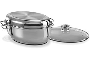 GSW 411318 Plat à rôtir 3 en 1 ovale en acier inoxydable 18/8, verre 8,5 l Argenté 38 cm