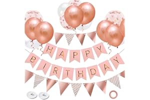 OHugs Happy Birthday Banner - Rose Gold Birthday Decorations for Women and Girls with 12 Inch Rose Gold, White, and Confetti Balloons - Happy Birthday Party Bunting Banner with Wall Hooks