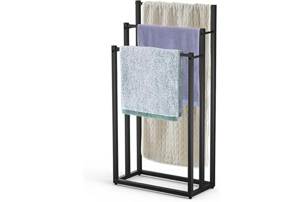 VOUNOT® Porte-Serviettes autoportant sur Pied Support à 3 Niveaux en Métal Rangement Stable pour Serviettes de Bain et Accessoires Idéal à Côté de la Douche Baignoire ou Lavabo Noir
