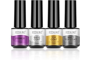 ROSALIND Base y Top Coat Semipermanente Esmaltes Semipermanentes de Uñas Gel UV LED y Matte Top Coat Semipermentes y Primer Esmaltes de Uñas Kit de Manicura Soak off 4pcs Mini