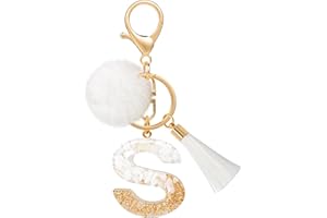 MWOOT Porte Clé Lettre S Peluche Tassel, Initial Keychain Résine Or Blanc Personnalisé Porte Clef Lettre Décoratif Pendentif, Porte Clef Kawaii Voiture Charm, Idee Cadeau D'Anniversaire pour Femme(S)