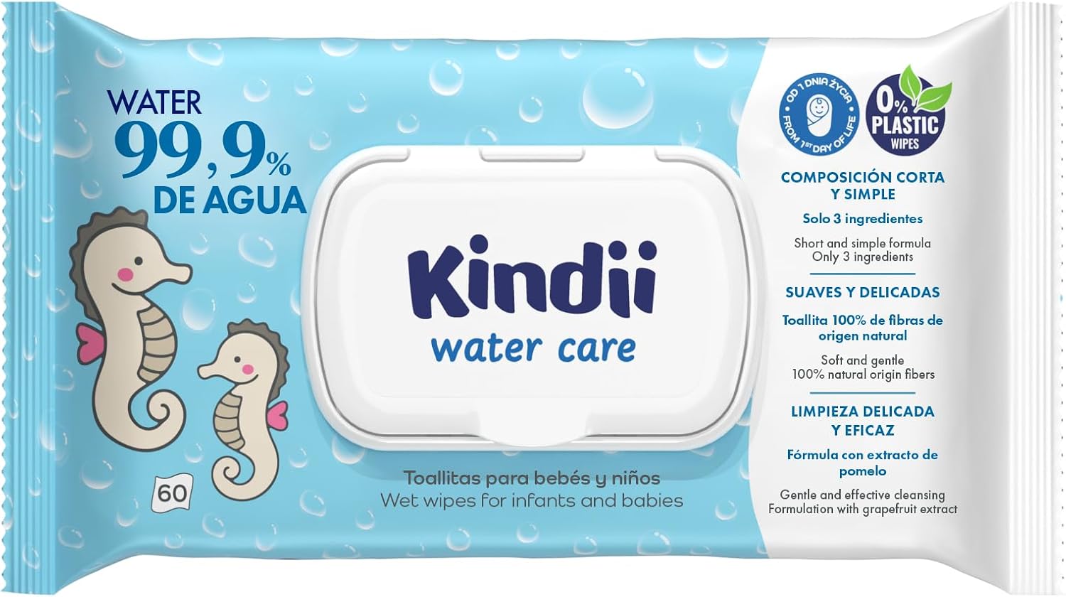 Kindii Water Care – Toallitas Bebé Agua 100% Viscosa, 99,9% Agua, Extracto de Pomelo, 150 × 200 mm, Biodegradables, Sin Plástico – Piel Sensible