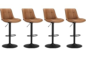 VASAGLE Tabourets de Bar, Lot de 4, Chaise de Cuisine, Siège Pivotant à Hauteur Réglable, Matelassé, en PU, avec Dossier et Repose-Pieds, Salle à Manger, Comptoir, Acier, Marron Caramel LJB295K01