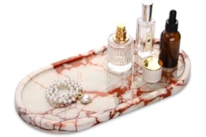 TABHOUKIT Bandeja Mármol Ovalada Bandeja Portaobjetos Baño Moderno Decoraciones Vaciabolsillos Entrada Organización para Velas Perfumes Cocina Tejidos Jabón Champú Cosméticos Calacatta Rojo 30 x 15 cm