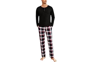 Uniexcosm Pijama Hombre Largo Invierno Algodon Conjunto de Pijama de Hombre 2 Piezas Cuello Redondo Ropa De Dormir Top Manga Larga y Pantalones a Cuadros