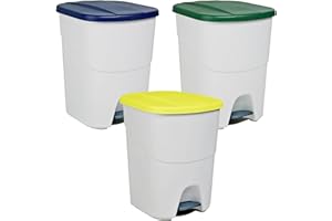 Denox PK3328 Pack Reciclaje Pedalbin Ecológico 40 litros c/u: 120 litros totales, en 3 contenedores, en Colores Azul/Verde/Amarillo