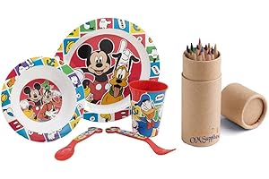 OM SUPPLIES Mickey Cartoon Character Dinner Tableware Set 5pcs Plate, Bowl, Cup & Cutlery, BPA Free re-usable Plastic Microwave Safe Includes Half Size 12pcs Pencil Set (Mickey)
