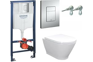 Anas Grohe Frame 1.13 Concealed Cistern 38772001 Wc Frame with Rimless Wall Hung Toilet Pan and Soft Close Seat