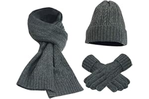 FEOYA Lot de 3 PCS Ensemble Bonnet + Écharpe + Gants Tricot Femme Chapeau en Laine et Acrylique Hiver Chaud