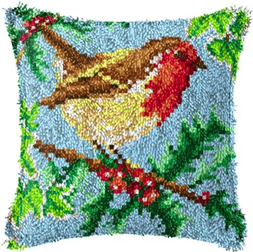 Latch Hook Complete Cushion Cover Kit"Robin on Holly Branch" 43x43cm