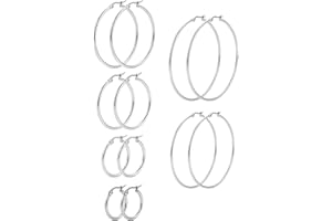 SNAGAROG 6 Pair Silver Hoop Earring Set Stainless Steel Large Hoop Earrings Set Hypoallergenic Earring Hooped Earrings for Women Girls (15/20/30/40/50/60mm)