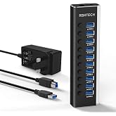 Powered USB 3.0 Hub RSHTECH Al&uuml;minyum 10 Portlu USB 3.0 Veri Hub, 12V/3A (36W) G&uuml;&ccedil; Adapt&ouml;r&uuml; ve Bireysel A&ccedil;ma/Kapama Anahtarla