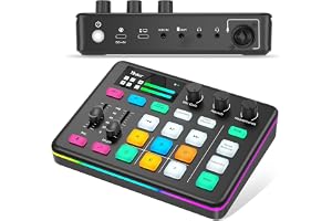 Yinker Gaming Audio Mixer, RGB ljudgränssnitt med 48 V Phantom Power, Bluetooth, röstväxlare, 6 anpassade ljuddynor för livestreaming, podcasting, inspelning