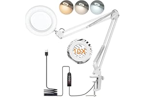 AONAT Lampe Loupe LED 10X avec Pince et Socle,72 LEDs,3 Modes de Couleur,10 Niveaux de Luminosité,Bras Articulé Flexible,Loupe Éclairage pour Lecture,Couture,Bijoux,Réparation,Blanc