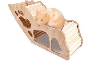 GOEDCH Échelle d'escalade pour hamster avec tunnel : maison en bois, jouet pour hamster, cachette pour petits animaux de compagnie, gerbilles, dègues, souris à épics, hamster nain
