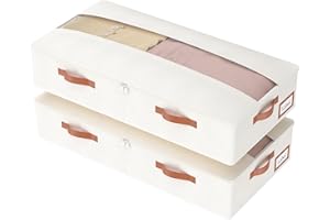 Yawinhe Bacs de Rangement sous le Lit, avec Fenêtre Transparente et 4 Poignées Renforcées, Sac à Vêtements Pliable, pour Ranger Les Couettes, Literie, 80x40x15cm, Beige, 2-Pack