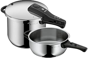 WMF Perfect One Pot - Set di 2 pentole a pressione a induzione, 6,5 l + 3 l, grande segnale di cottura, 2 livelli di cottura, manico rimovibile con coperchio in acciaio INOX