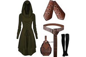 CNVAUIE Mittelalter Kleidung Kostüm Damen Set Mittelalterliches Kapuzenkleid Set Renaissance Kostüm Set mit Armschützern Gürtel Gürteltasche Strümpfe Zubehör