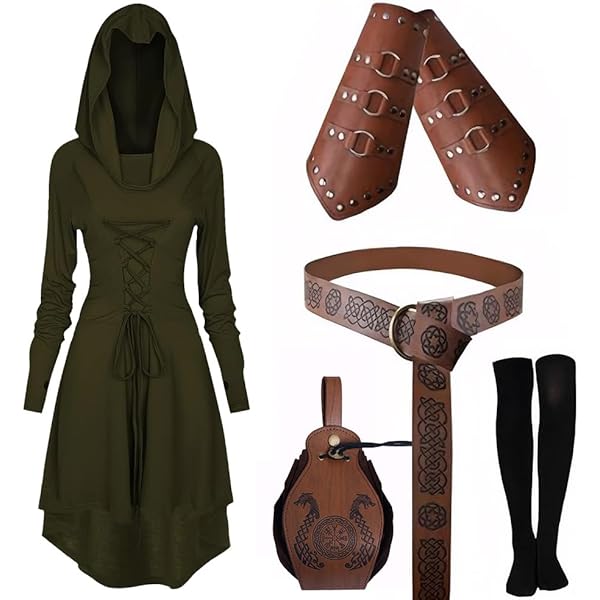 PORJDN Middeleeuwse kleding voor dames, traditionele Ierse jurk, gothic-jurk, renaissance-elfkostuum met elfenoren, haaraccessoires, overknee sokken voor Halloween kostuum cosplay (bruin, L