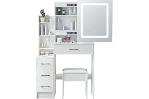Umeiga White Dressing Table with Ligths and Mirror, Makeup Vanity Desk 4 Drawers, 3 Storage Shelves and 3 Hidden Shelves, Vanity Dressing Table with Mirror and Stool for Bedroom