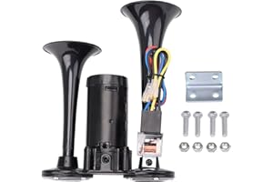 ‎FARBIN 12V 140dB Drucklufthorn Lufthorn, LKW Hupe, Doppelrohr Horn, Chrom Zink Dual Trumpet Air Horn mit Kompressor für alle 12V Fahrzeuge LKW Zug auto van boot motorrad usw, Schwarz