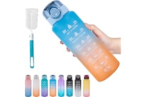VARKDA Bouteille 1l, Gourde Sport-[BPA-free Tritan], 1000ml Gourde Motivante avec Paille et Horodateur - Gourde anti-fuite pour le vélo, le camping, la gym (Bleu/Orange)