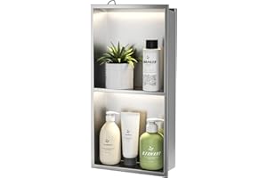 Bernkot Douche Murale en Acier Inoxydable avec LED, étagère de Douche encastrée, Double Couche, Niche de Salle de Bain, 60 cm x 30 cm, Pas de carrelage nécessaire, Noir