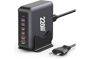 SCCVEE Ładowarka USB C, 6-portowa stacja ładująca 220 W, 【4 USBC + 2 USBA】 Hub szybki kompaktowy adapter zasilania GaN, zasilacz PD USB-C + ładowarka QC kompatybilna z iPhone/iPad/Samsung/Laptop