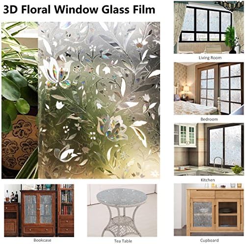3D Floral Decoration Window Film,Resuable No Adhesives Vacuum Adsorption,Anti-UV,Privacy Glass Decoration Film 23.6"x78.7"/60x200CM