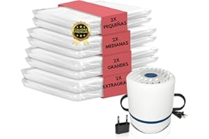 BLARO'S ORIGINAL 8 Bolsas de Vacio con Bomba Electrica para Ropa - 2XXL(100 X 80CM) 2XL(80 X 60cm) 2L(70 X 50cm) y 2M(60 X 40cm) - Adaptador de Enchufe Incluido - Ahorra Hasta un 85% de Espacio - Edredones, Almohadas