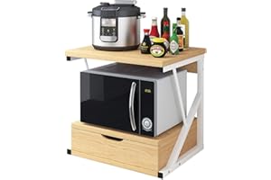 Redd Royal 2-Tier Kitchen Baker's Rack Spices Rack with Drawers, Countertop Microwave Oven Shelf Stand Storage Organizer Shelving Unit Freestanding Wood Top Metal Frame