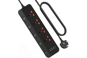 Jasni 3M/9.84FT Extension Lead 4 AC Way With Fast Charger 3 USB+1 Type-C Slots,13Amp UK Plug Power,Protected Extension Cord with Individual Switches,Power Strip for Home Office (Black)