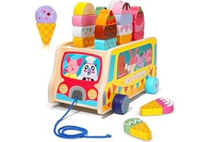 DAJASD Wózek do lodów z drewna, 27 szt., zabawka do lodów dla dzieci, z ruchomymi kółkami i magnetycznymi lodami, akcesoria Montessori, zabawka dla dzieci w wieku 3, 4, 5, 6+ lat