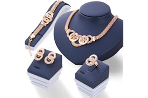 Freessom Parure Bijoux Femme Fantaisie Kit 4 Boucle d'Oreille Bracelet Bague Collier Gros Ras de Cou Vintage Diamant Cristal Strass Mariée Luxueux Bijoux Ensemble Cadeau Robe Soiree Fete Mariage Or