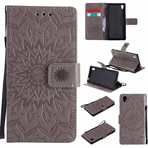 Xperia M4 Aqua Hülle, Dfly Premium Slim PU Leder Mandala Blume prägung Muster Flip Hülle Bookstyle Stand Slot Schutzhülle Tasche Wallet Case für Sony Xperia M4 Aqua, Grau