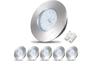 Allesgute 6X 5W LED Downlights for Ceiling Round IP44 Bathroom Down Light Ultra Slim Brushed Chrome LED Spotlights Warm White 240V, Cutout Ø60-68mm
