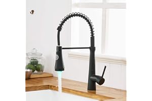 Timaco - Rubinetto da cucina con molla a spirale, rubinetto e doccetta estraibile, orientabile a 360°, nero con LED