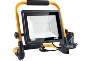 SENTOO Reflektor budowlany LED, 50 W, 5000 lm, lampa robocza LED z wtyczką, wodoszczelność IP66, reflektor budowlany LED z kablem 4 m, przenośny reflektor budowlany do warsztatu lub na placu budowy, garażu,