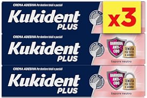 Kukident Plus Barriera Anti-Cibo Crema Adesiva per Protesi Dentali Totali e Parziali, Sapore Neutro. Confezione da 3x35g