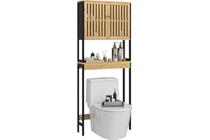 HOMCOM kleankin Regał łazienkowy szafka łazienkowa blat toalety z 2-drzwiową szafką i otwartą półką 60 l x 21,5 l x 172H cm Bambus - naturalne drewno i czarny