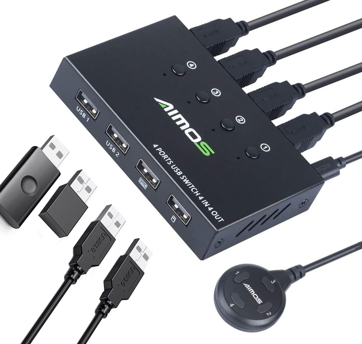 AIMOS USB KVM Switcher 4-Port, 4-Computer Sharing, 4 USB Devices, Push Button, Black
