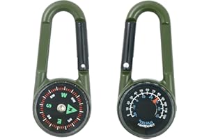 Jicyor Kompass mit Karabinerhaken und Thermometer, Mini Kompass Karabiner, Kompass Outdoor Kompass Kinder für Camping, Wandern, Reisen, 4-in-1-Kompass （Armeegrün）