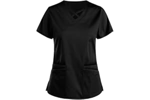 UNHU Damen Pflegebekleidung Einfarbig T-Shirt Schlupfkasack Kurzarm V-Ausschnitt Schlupfhemd Berufskleidung Kasack Krankenpfleger Uniformen mit Taschen