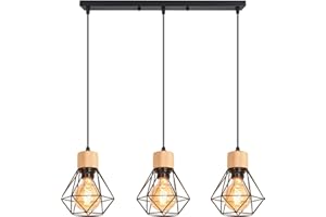 TOKIUS 3 Luces Lámpara Colgante Vintage 16CM Retro Lámparas de Techo Diseño de Jaula Negro Luz Colgante en Madera Hierro E27 Iluminación de Techo de Interior para Comedor Cocina (Araña 3 Luces B)