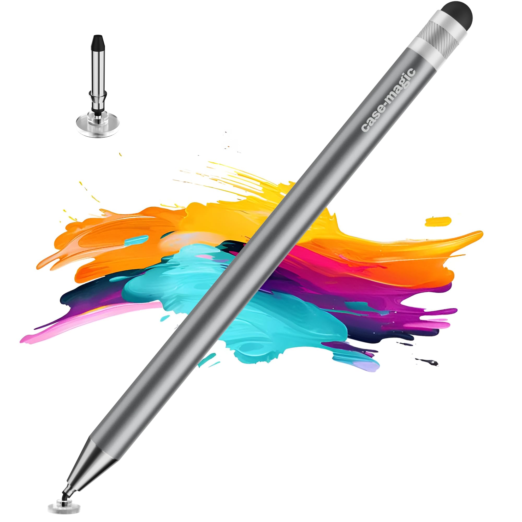 Case-Magic 2 in 1 Universal Stylus Pen with Fine Point Disc Tip+ Rubber Fiber Tip| for Smartphone/Tablet/iPad/Pro/Air/iPhone/iOS/Android/All Touch Screens| Aluminum Body (Grey)