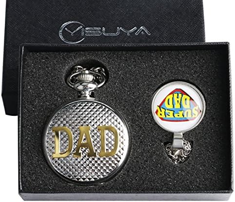 Conbays Gift Set for Father Silver DAD Theme Roman Number Dial Quartz Fob Pocket Watch with Super-dad Glass Dome Pendant Necklace