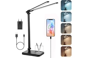 rigors Lampara Escritorio con Cabeza Doble, 5 Modos & 10 Niveles de Brillo,Lampara Estudio LED Escritorio con Enchufe y Puerto USB de Carga, FuncióN de Memoria, Temporizador de 45 Minutos