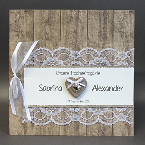 Gästebuch zur Hochzeit mit Namen 11031 "Holzoptik" ein Traum mit echter Spitze