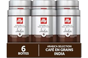illy, Café en Grains Arabica Selection Inde, 100% Arabica avec des Notes de Poivre Noir et de Chocolat Extra Noir, Haute Intensité Aromatique, Paquet de 6 Boîtes (6 x 250g)