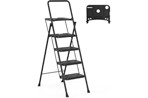 HBTower Escabeau à 4 marches avec Rampe, marchepied Pliable avec Sac à Outils Amovible et Large pédale antidérapante pour la Maison, la Cuisine, Le Garde-Manger, Le Bureau, capacité de 150 kg,Noir